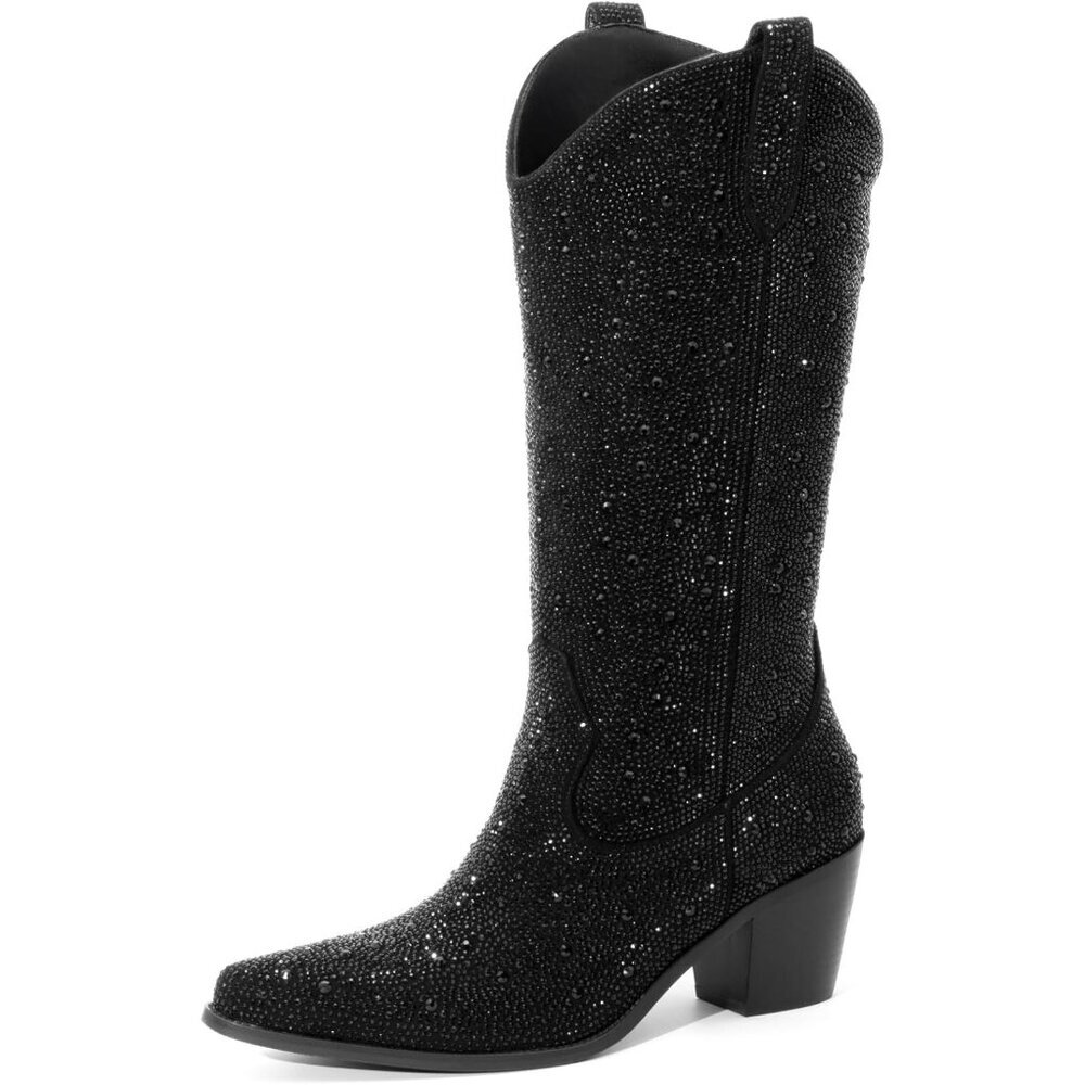 ⚡Women’s Black Rhinestone Cowboy Boots Mid Calf Pointed Toe Block Heel